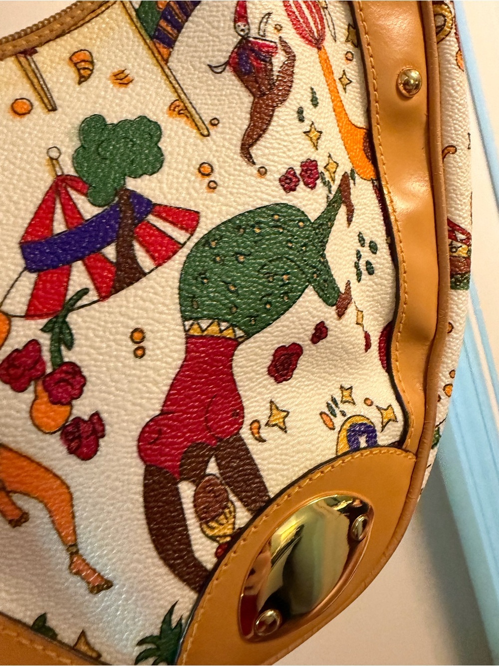 Piero Guidi Mustard Leather-Trim Circus Print Crescent Shoulder Bag - Picture 5 of 5
